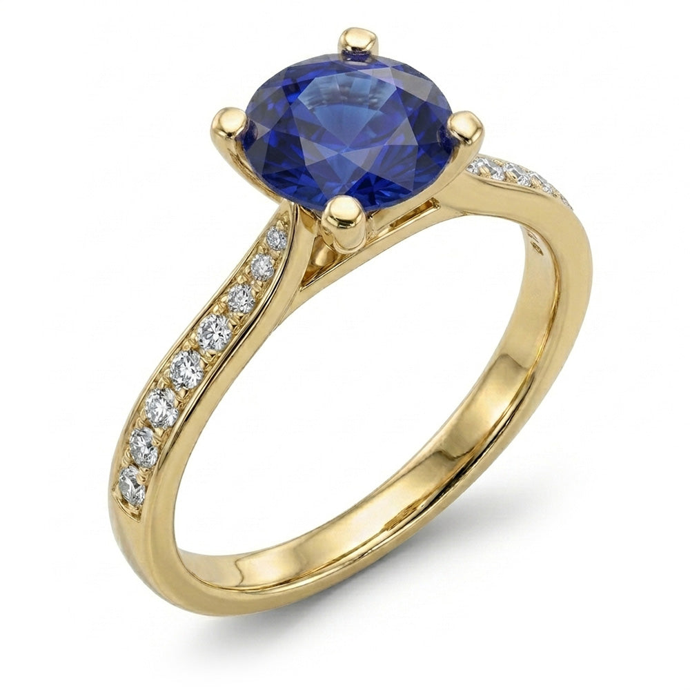 Damen Natürlicher Diamant ( nicht im Labor gezüchtet ) Blauer Saphir Verlobungsring Gelbgold 2.50 Karat