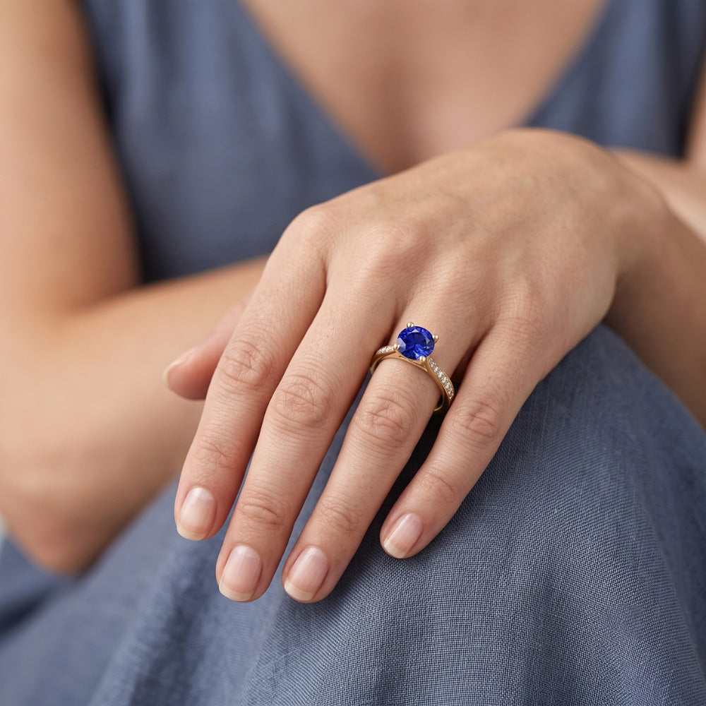 Damen Natürlicher Diamant ( nicht im Labor gezüchtet ) Blauer Saphir Verlobungsring Gelbgold 2.50 Karat