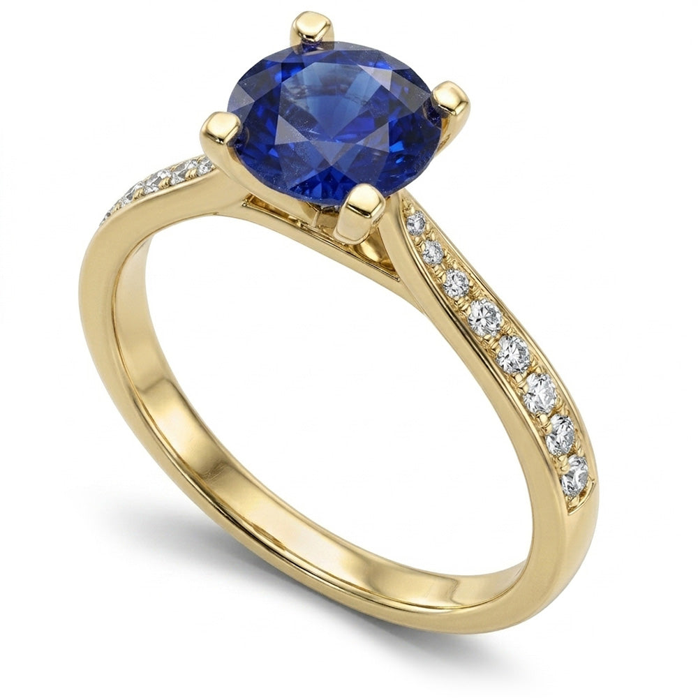 Damen Natürlicher Diamant ( nicht im Labor gezüchtet ) Blauer Saphir Verlobungsring Gelbgold 2.50 Karat