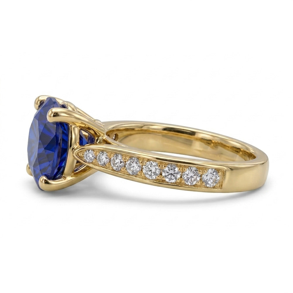 Damen Natürlicher Diamant ( nicht im Labor gezüchtet ) Blauer Saphir Verlobungsring Gelbgold 2.50 Karat