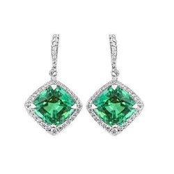 Damen Ohrhänger 6 Karat Grün Smaragd mit Aus der Erde Abgebauter Natürlicher Diamanten Weißgold 14K