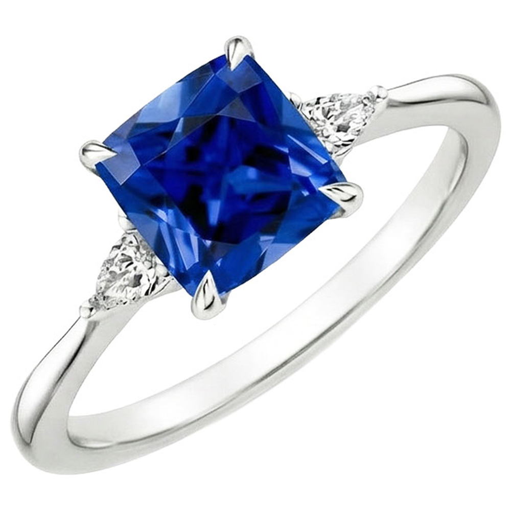 Damen Ring mit 3 Steinen Birne Aus der Erde Abgebauter Natürlicher Diamant & Kissen Blauer Saphir 2,50 Karat
