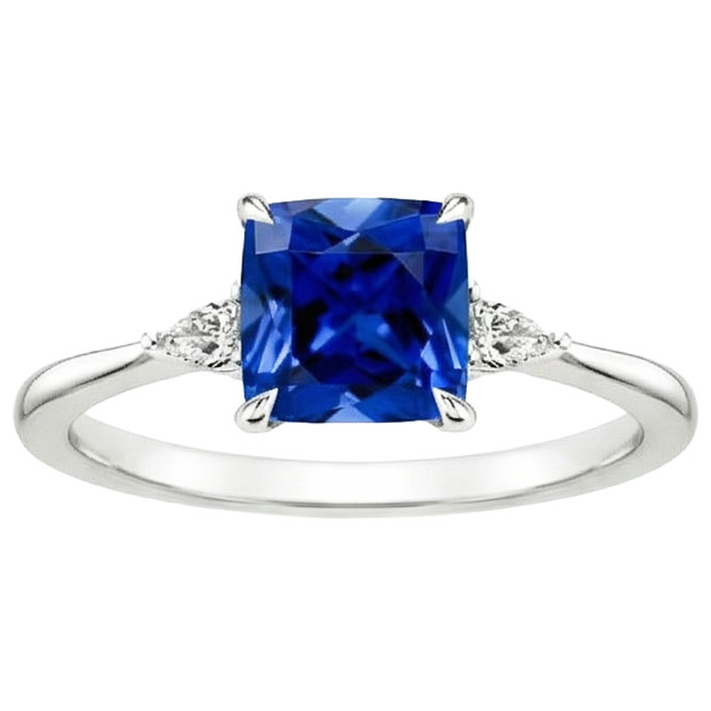 Damen Ring mit 3 Steinen Birne Aus der Erde Abgebauter Natürlicher Diamant & Kissen Blauer Saphir 2,50 Karat