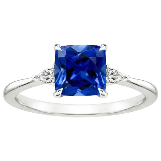 Damen Ring mit 3 Steinen Birne Aus der Erde Abgebauter Natürlicher Diamant & Kissen Blauer Saphir 2,50 Karat