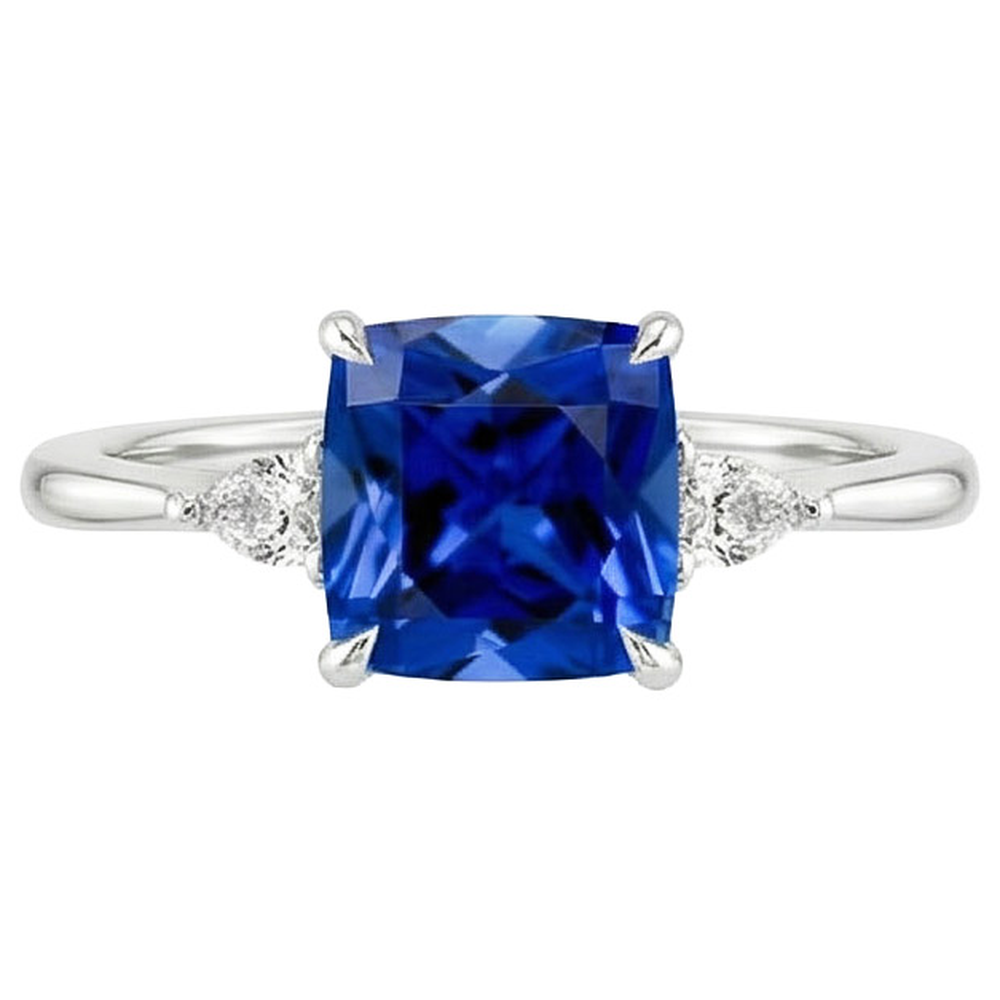 Damen Ring mit 3 Steinen Birne Aus der Erde Abgebauter Natürlicher Diamant & Kissen Blauer Saphir 2,50 Karat