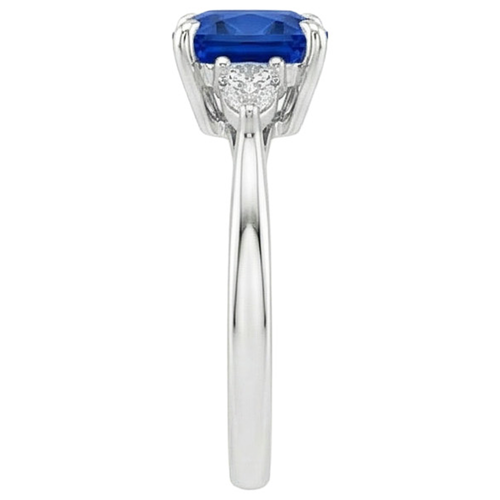 Damen Ring mit 3 Steinen Birne Aus der Erde Abgebauter Natürlicher Diamant & Kissen Blauer Saphir 2,50 Karat