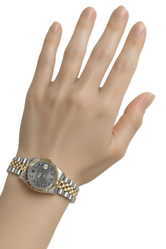 Damen-Rolex-Damenuhr mit grauem Diamant-Zifferblatt und Datejust-Lünette, zweifarbig P2