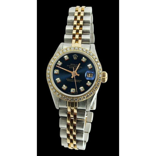Damen-Rolexuhr Datejust Edelstahl & Gold mit blauem Diamant-Zifferblatt und Lünette