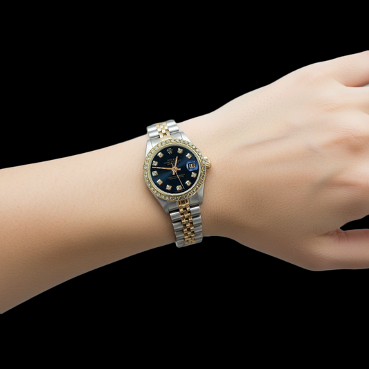 Damen-Rolexuhr Datejust Edelstahl & Gold mit blauem Diamant-Zifferblatt und Lünette P2
