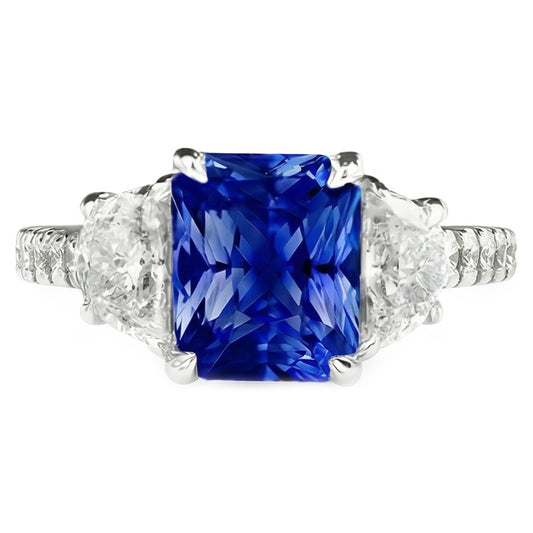 Damen Saphir Ring Halbmond Runde Akzente 3 Steine Stil 3,50 Karat
