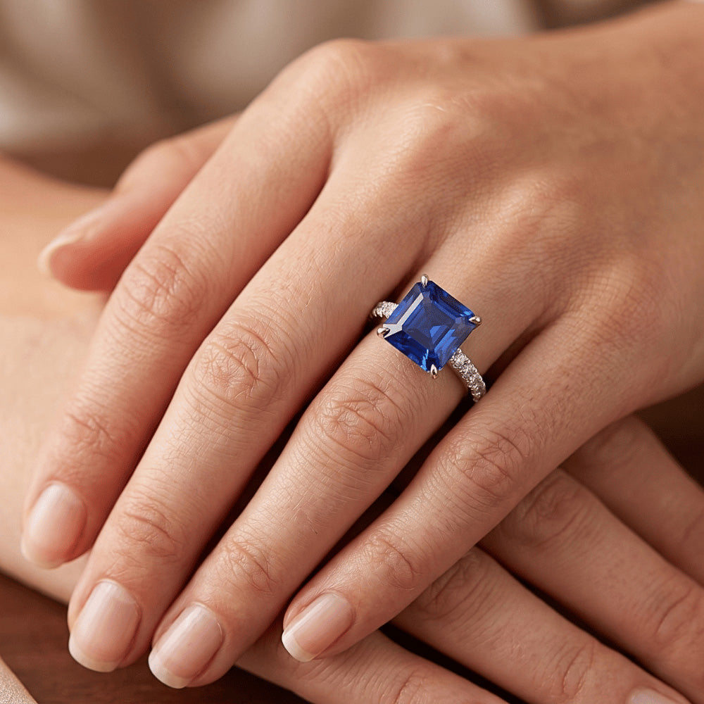 Damen Solitaire Accent Ring Blauer Saphir und Aus der Erde Abgebauter Natürlicher Diamant 5.5 Karat