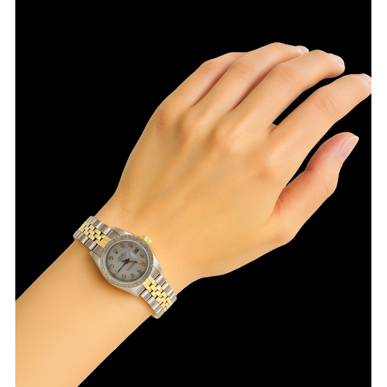 Damenuhr Rolex Date-Just mit Diamant-Lünette und weißem Zifferblatt P5