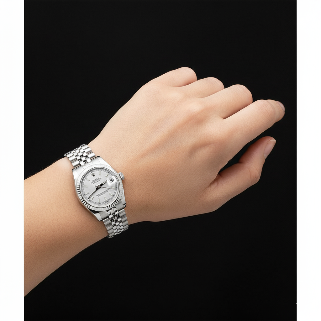 Damenuhr Rolex DateJust aus Edelstahl mit silbernem Leuchtzifferblatt P5