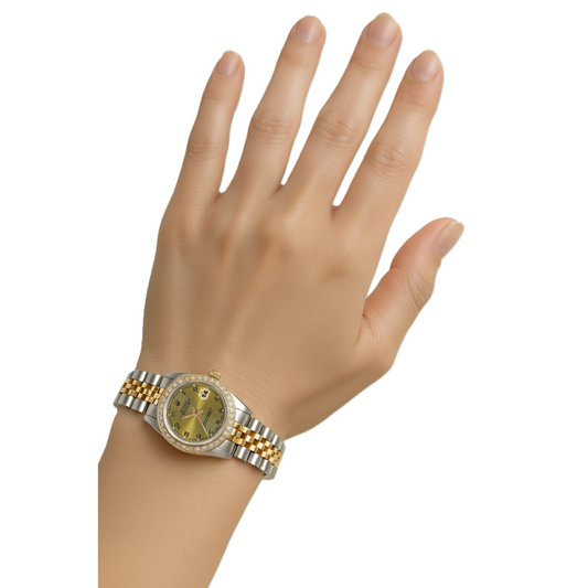 Damenuhr Rolex Datejust aus Edelstahl mit arabischem Zifferblatt und Gelbgold