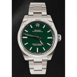 Damenuhr Rolex Oyster Perpetual aus Stahl mit grünem Leuchtzifferblatt