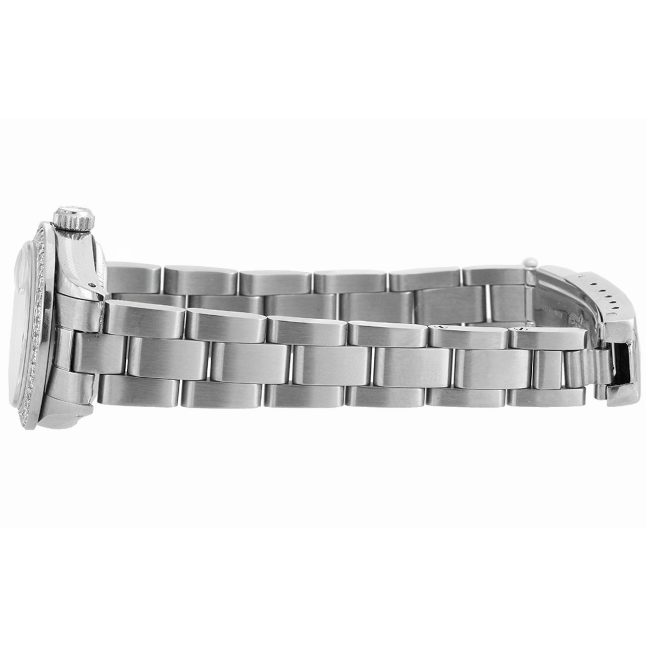 Damenuhr mit silbernem Zifferblatt und Diamantlünette, Rolex-Datumsarmband