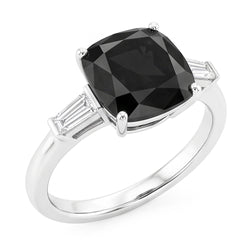 Verlobungsring mit dunklem Diamanten 3,6 Karat Echter schwarzer Kissenschliff Baguette Drei-Stein 14 Karat Weißgold