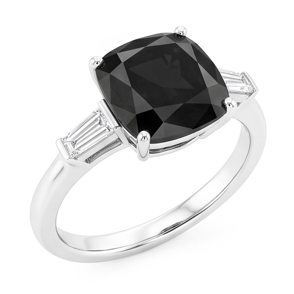 Verlobungsring mit dunklem Diamanten 3,6 Karat Echter schwarzer Kissenschliff Baguette Drei-Stein 14 Karat Weißgold