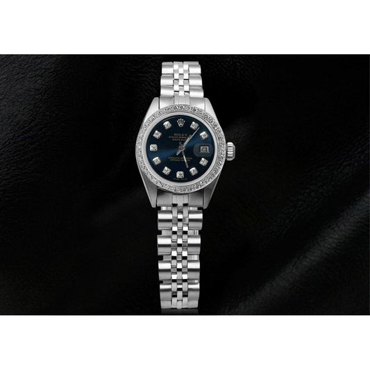 Date Just Rolex Damenuhr mit blauem Diamant-Zifferblatt und Lünette, Jubilee-Armband
