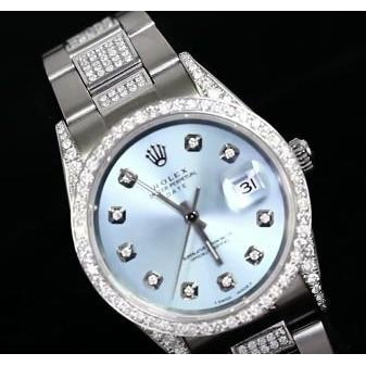 Date Rolex 34 mm UhrAusgefroren Brauch Diamant Blaues Zifferblatt Lünette Edelstahl1