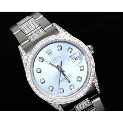 Date Rolex 34 mm UhrAusgefroren Brauch Diamant Blaues Zifferblatt Lünette Edelstahl