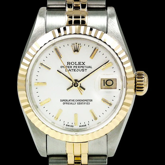 Datejust Rolex Damenuhr mit weißem Stick-Zifferblatt und goldener Rolex