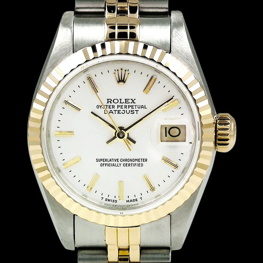 Datejust Rolex Damenuhr mit weißem Stick-Zifferblatt und goldener Rolex