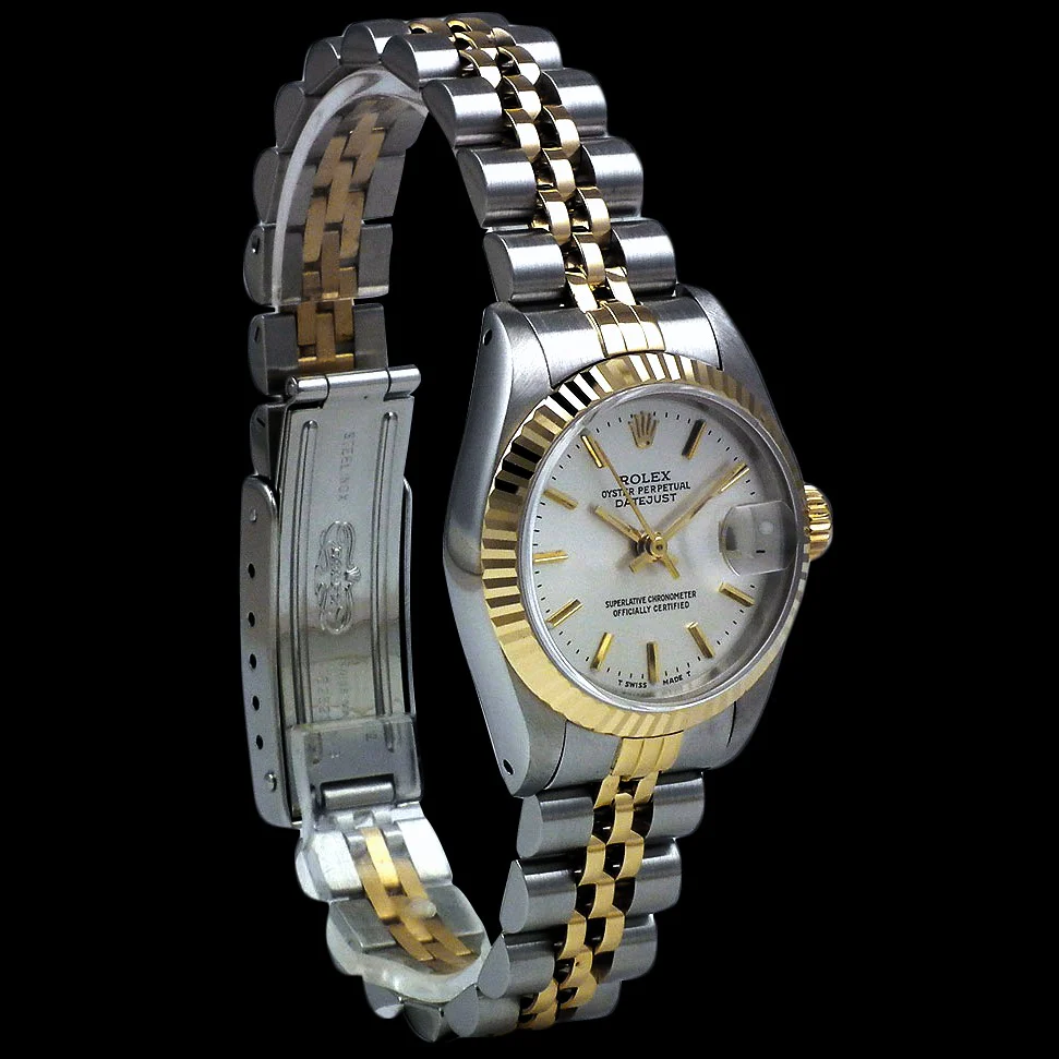 Datejust Rolex Damenuhr mit weißem Stick-Zifferblatt und goldener Rolex