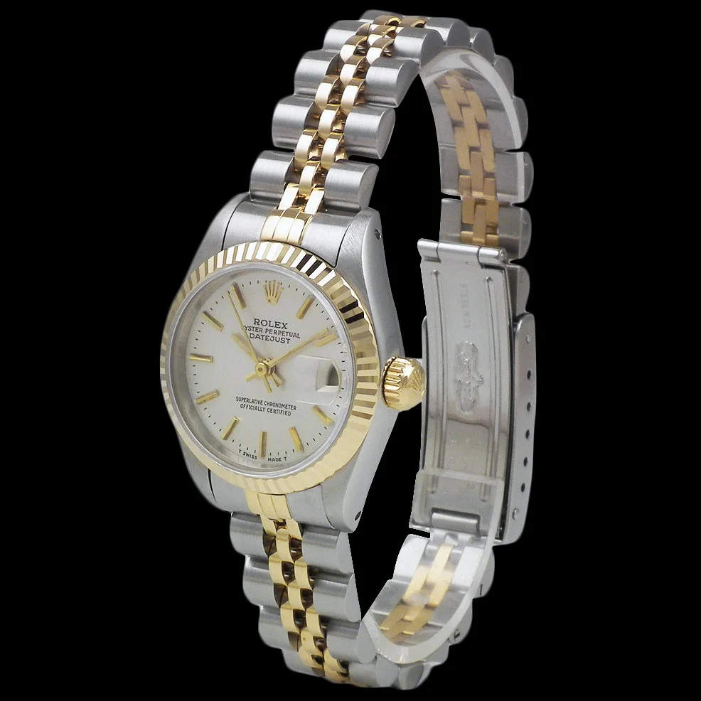 Datejust Rolex Damenuhr mit weißem Stick-Zifferblatt und goldener Rolex