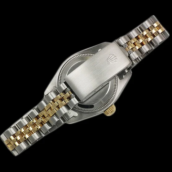 Datejust Rolex Damenuhr mit weißem Stick-Zifferblatt und goldener Rolex
