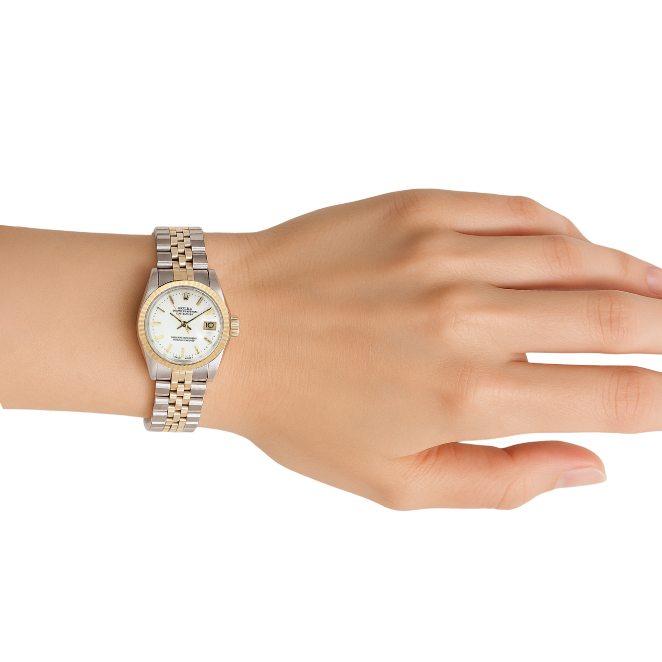 Datejust Rolex Damenuhr mit weißem Stick-Zifferblatt und goldener Rolex