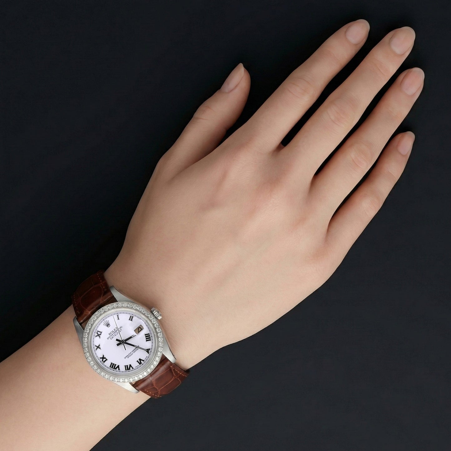 Datejust Rolex römisches Zifferblatt, Diamant-Lünette, braunes Lederband, Edelstahl, SCHNELLES SET