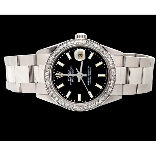 Datejust-Uhr mit Diamantlünette, schwarzes Zifferblatt, Edelstahl Oyster, Rolex SCHNELLES EINSTELLEN
