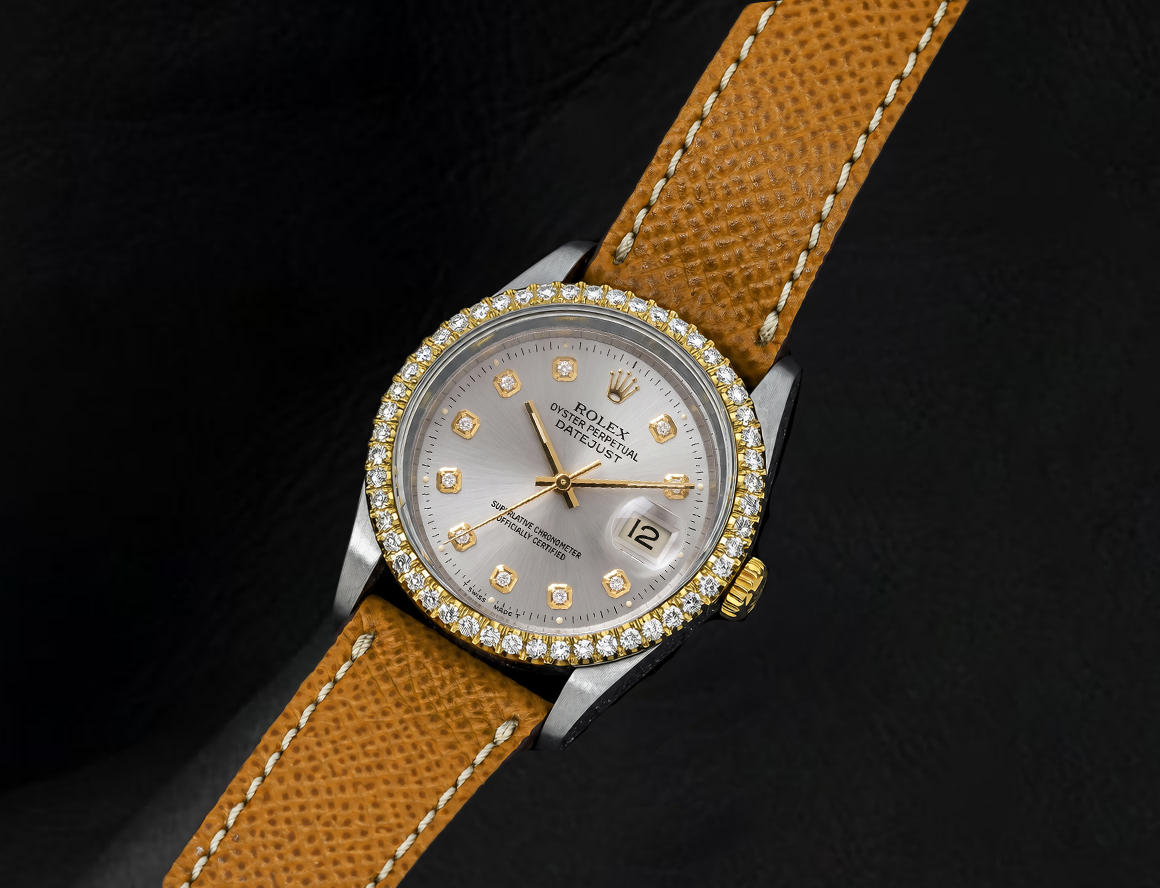 Datejust 16013 Rolex 36 mm Silbernes Diamantzifferblatt Lederarmbanduhr