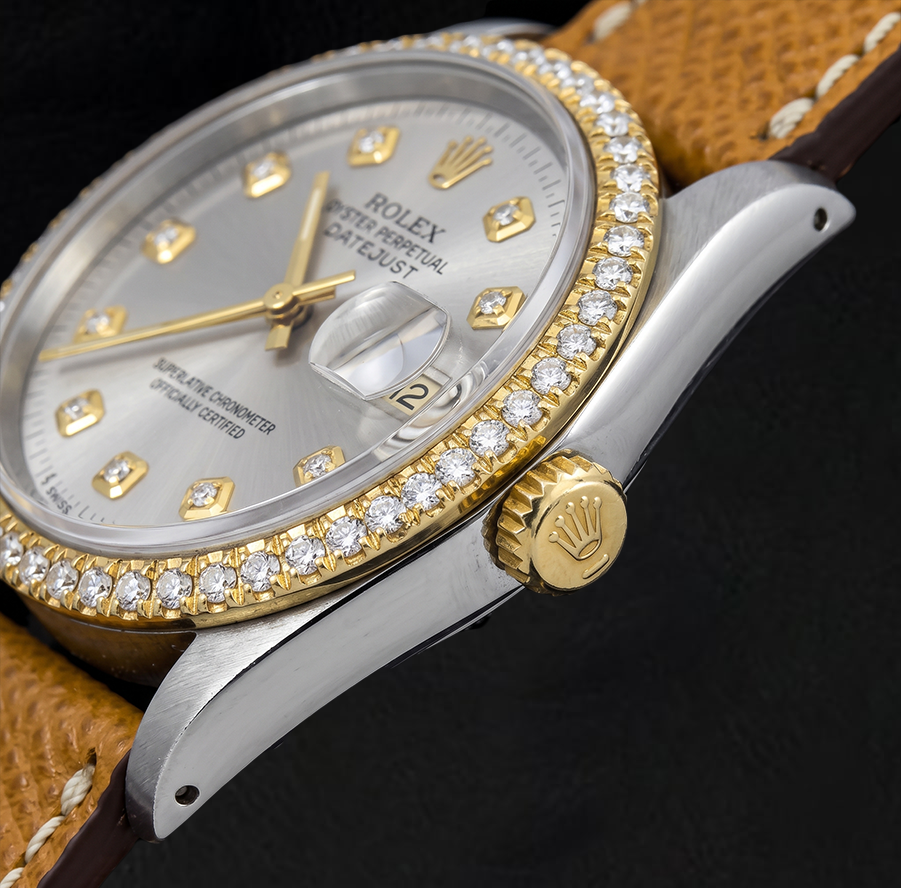 Datejust 16013 Rolex 36 mm Silbernes Diamantzifferblatt Lederarmbanduhr