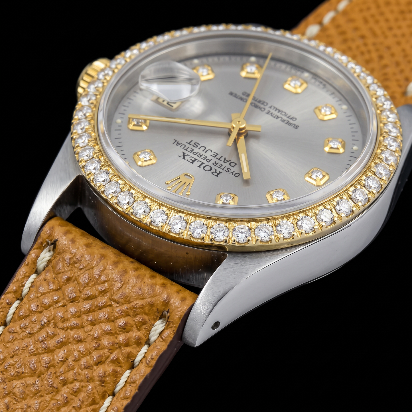 Datejust 16013 Rolex 36 mm Silbernes Diamantzifferblatt Lederarmbanduhr
