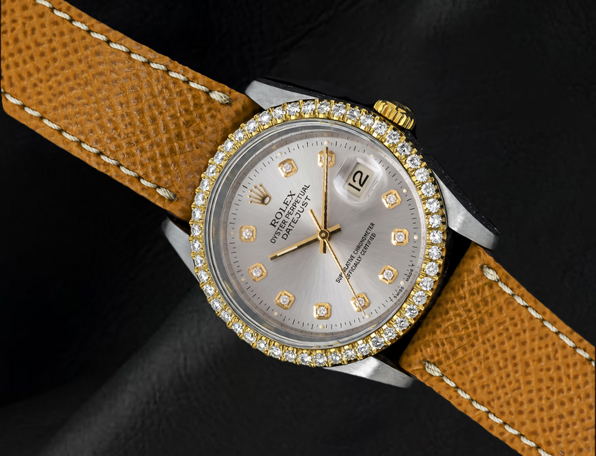 Datejust 16013 Rolex 36 mm Silbernes Diamantzifferblatt Lederarmbanduhr