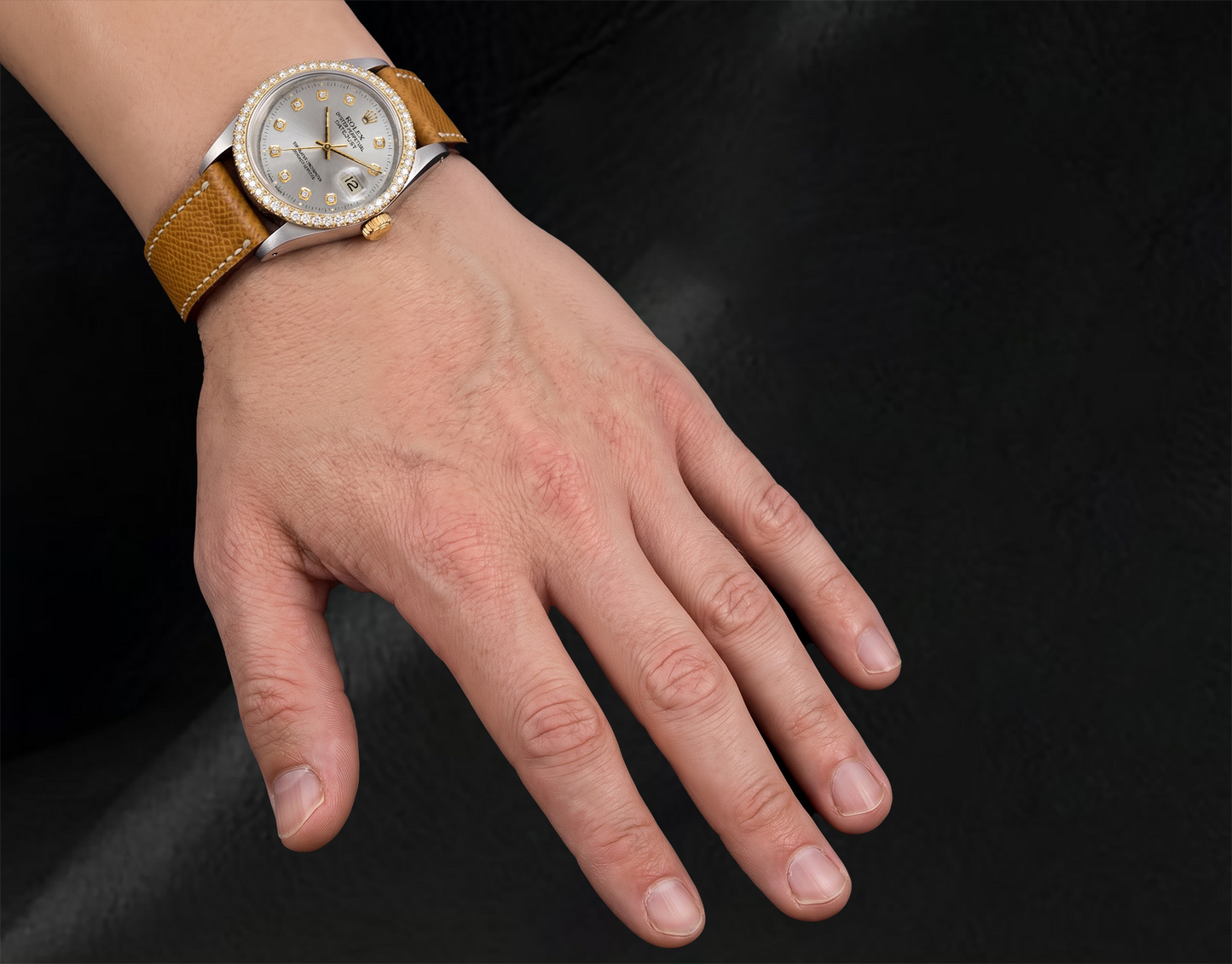 Datejust 16013 Rolex 36 mm Silbernes Diamantzifferblatt Lederarmbanduhr