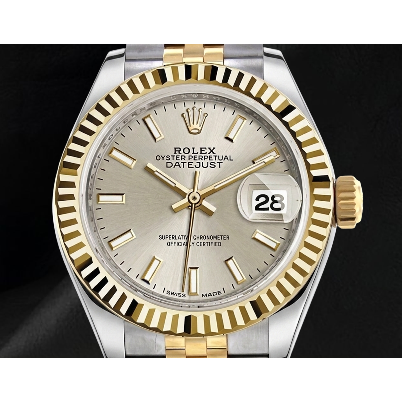 Datejust 279173 Rolex Leuchtendes Zifferblatt Geriffelt Bicolor 28 mm Jubilee Damenuhr