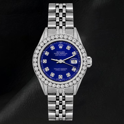 Rolex 6916 Datejust 26 mm Edelstahl Uhr mit blauem Diamantzifferblatt und Diamantlünette