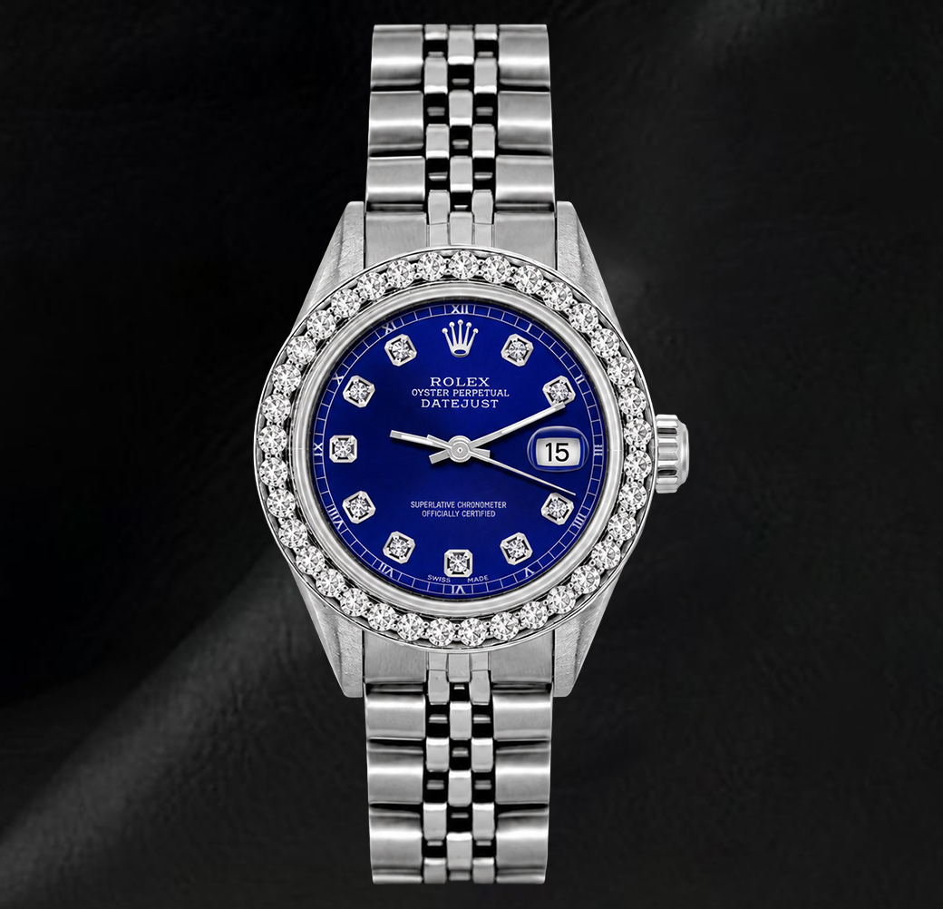 Rolex 6916 Datejust 26 mm Edelstahl Uhr mit blauem Diamantzifferblatt und Diamantlünette
