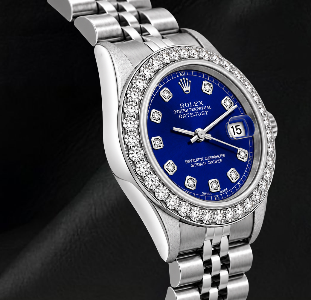 Rolex 6916 Datejust 26 mm Edelstahl Uhr mit blauem Diamantzifferblatt und Diamantlünette