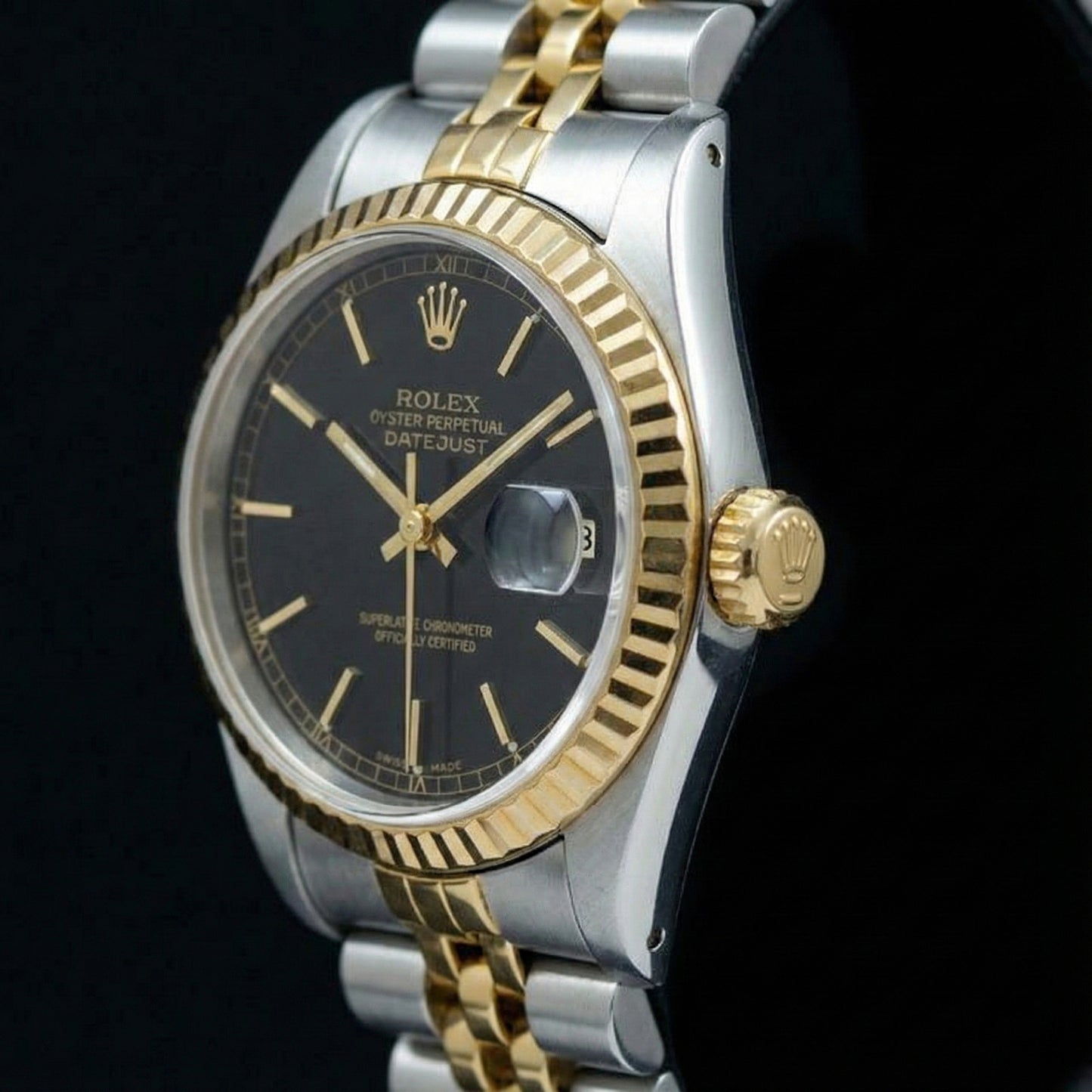 Datejust Dame Rolex-Uhr, schwarzes Zifferblatt, Edelstahl und Gelbgold