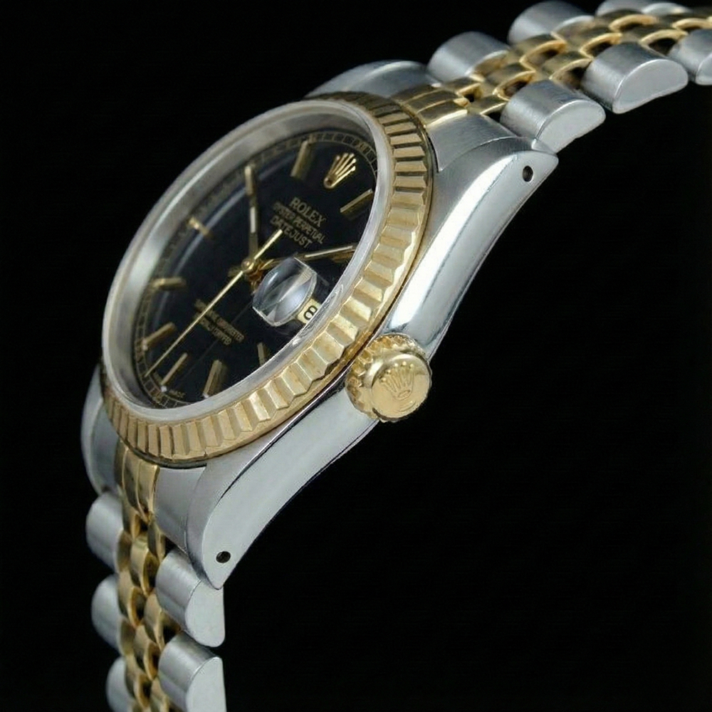 Datejust Dame Rolex-Uhr, schwarzes Zifferblatt, Edelstahl und Gelbgold