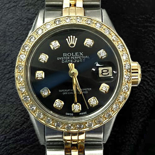Datejust Damen-Rolexuhr mit schwarzem Diamant-Zifferblatt und goldenem Armband