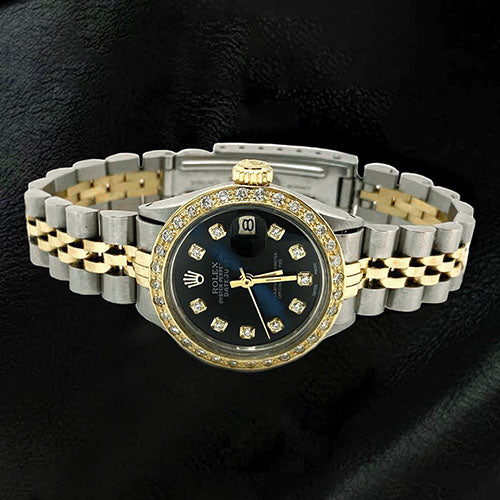 Datejust Damen-Rolexuhr mit schwarzem Diamant-Zifferblatt und goldenem Armband