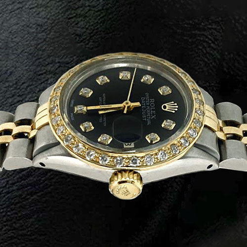 Datejust Damen-Rolexuhr mit schwarzem Diamant-Zifferblatt und goldenem Armband
