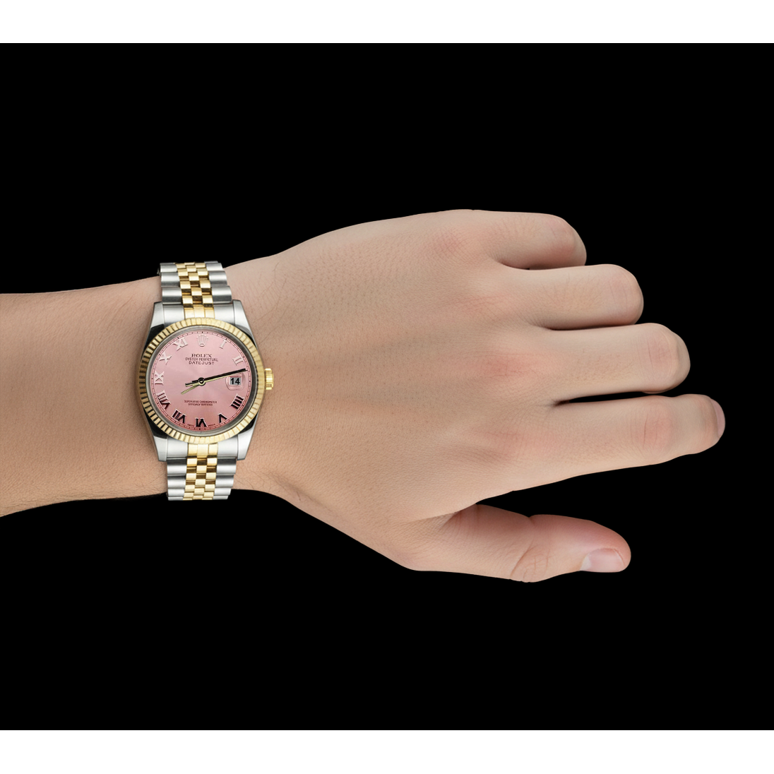 Datejust Herren-Rolex-Uhr, rosafarbenes römisches zweifarbiges Jubilee-Armband, schnelles Set