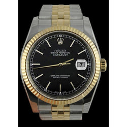 Datejust Herrenuhr, schwarzes Stock-Zifferblatt, zweifarbige Jubiläum-Lünette, Rolex SCHNELLES SETZEN