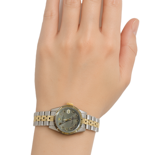 Datejust Rolex-Damenuhr mit zweifarbigem, grauem römischem Zifferblatt
